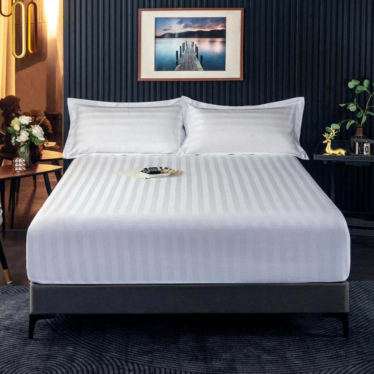 Conjunto de Lençol Ajustável 100% Algodão Egípcio, 3 Peças (1 Lençol Ajustável + 2 Fronhas), Capa de Colchão, Design com Bolso Profundo de 40cm, 500 Fios, Ideal para Quarto, Hotel de Luxo, Quarto de Hóspedes