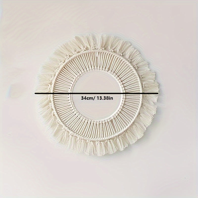 1pc Espelho de Parede Macramê Bohemio Tecido à Mão - Tapeçaria Decorativa Intricada para Sala, Quarto e Decoração de Festa de Natal, Arte em Macramê, Tons Naturais