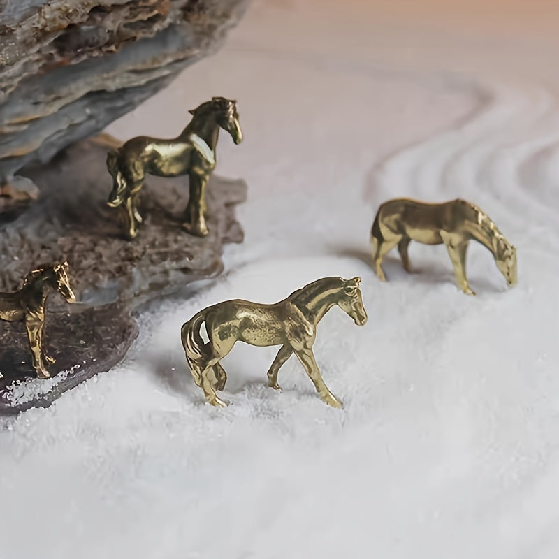 4pcs Bronze Mini Horse Figurines - Ornamentos de pônei metálicos detalhados para jardim musgo, tanque de peixes, decoração de bonsai, decoração de jardim | Figurinos de cavalo detalhados | Acabamento bronze