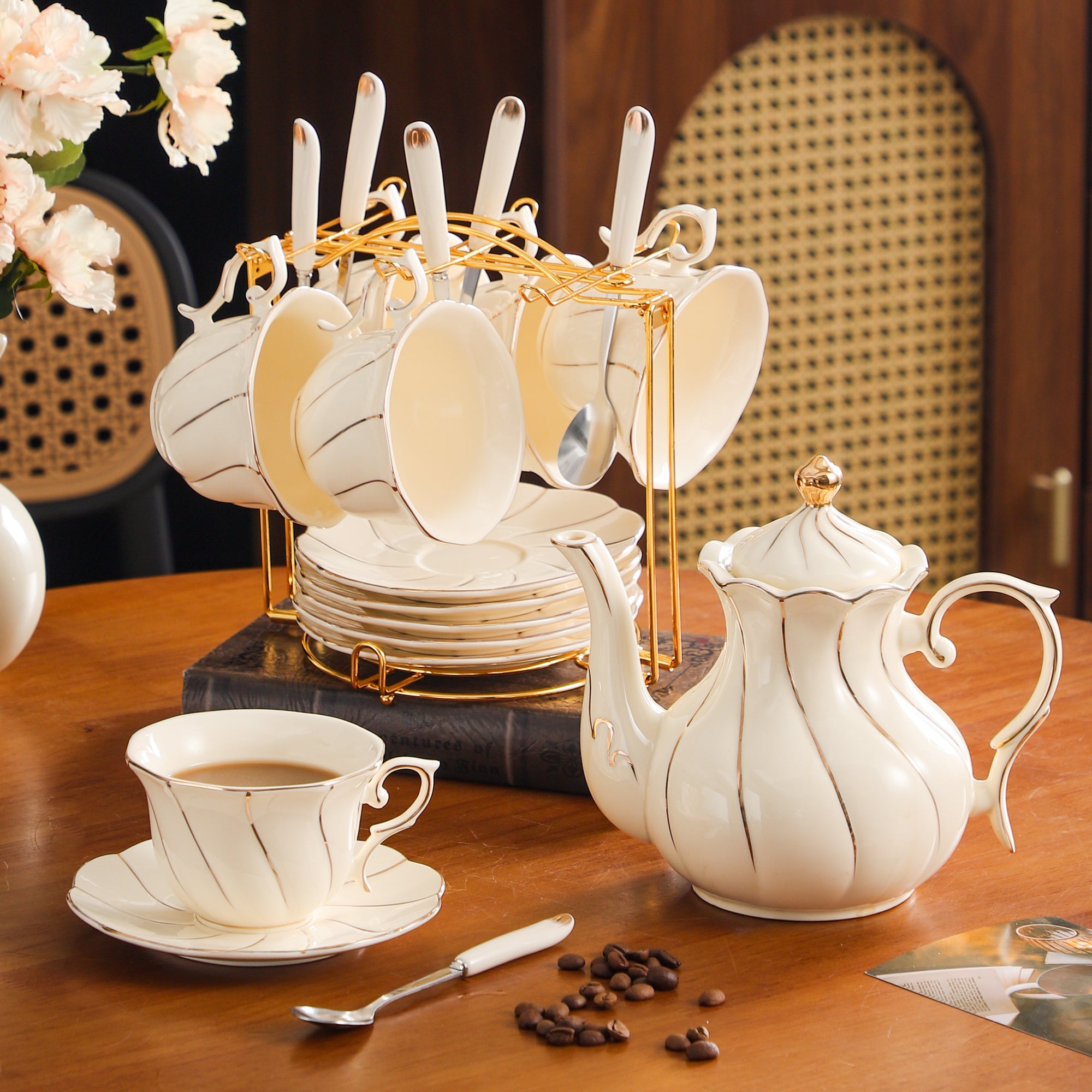 7pcs Court Style Ceramic Set, Creamy Coffee Cup with Floral Edge, American Style Golden Trim, 220ml Beige Tea Cup, Corporate Gift Set for Water & Office Use