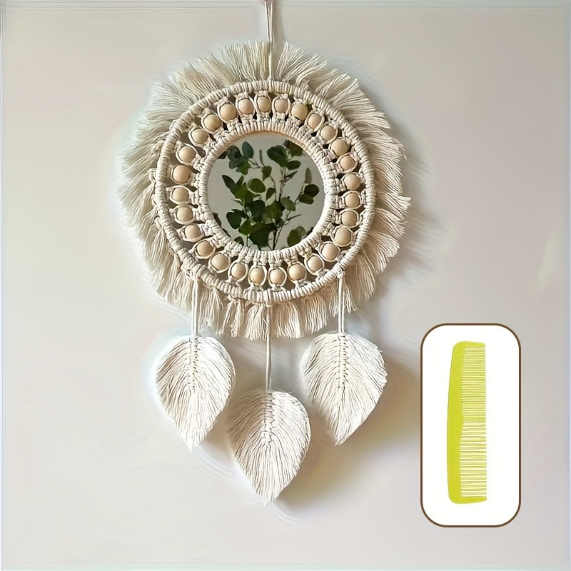 1pc Espelho de Parede Macramê Bohemio Tecido à Mão - Tapeçaria Decorativa Intricada para Sala, Quarto e Decoração de Festa de Natal, Arte em Macramê, Tons Naturais