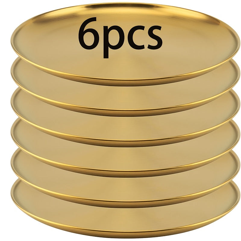 Conjunto de 6 Pratos de Jantar em Aço Inoxidável, Prato de Salada Dourado, Prato de Churrasco Coreano, Prato Principal Ocidental, Prato para Lanches e Sobremesas, Adequado para Restaurante e Uso Doméstico, Bandeja Multifuncional para Lanches e Prato para Ossos