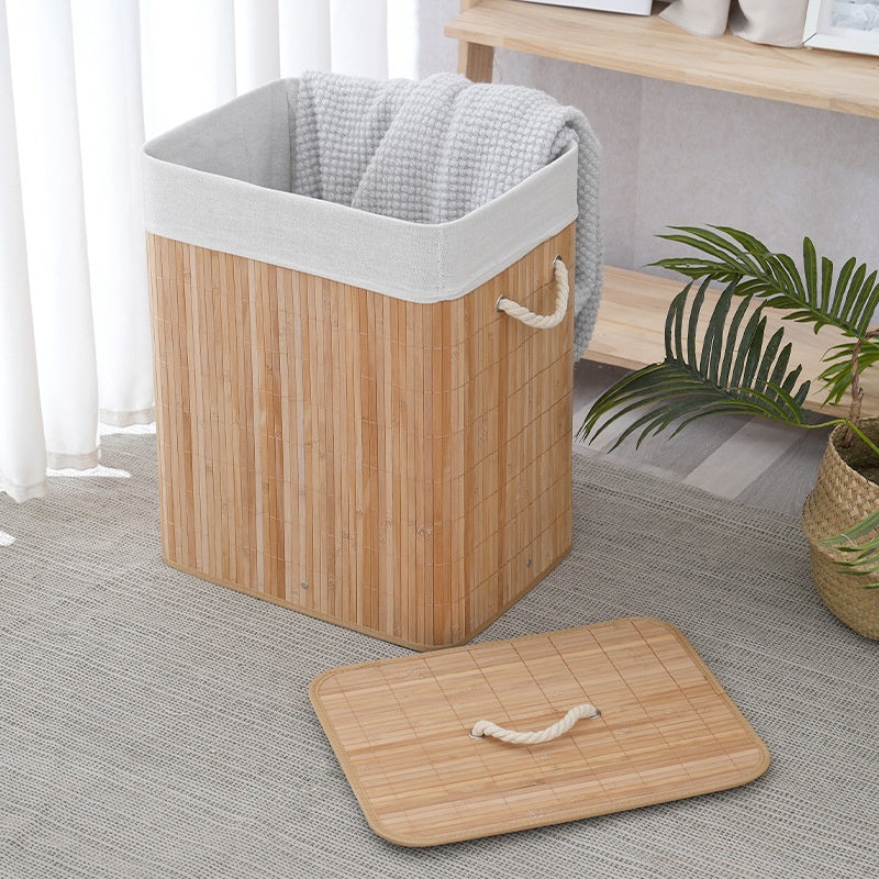 Dirty Laundry Basket 72 LITERS Bamboo Rectangular Lid Coated Quarter Bathroom Foldable