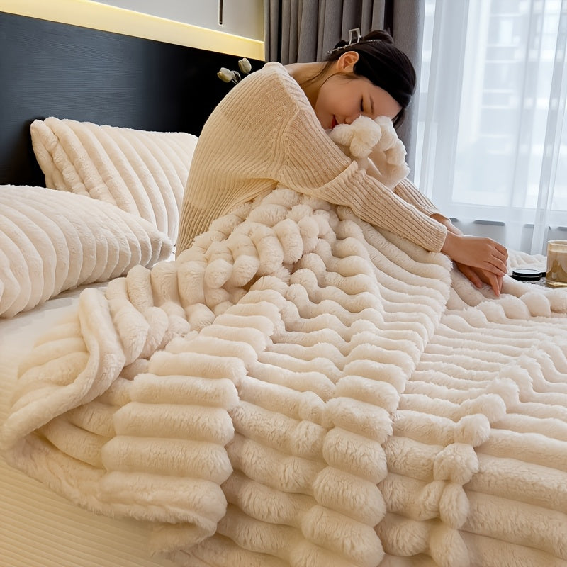 Manta Gdan Rinoceronte Luxuosa de Pele Falsa de Coelho - Adequada para Sofá, Cama, Escritório e Viagem - Manta Macia, Quente e Aconchegante Listrada, Colcha Contemporânea, Lavável à Mão, Presente Ideal de Natal e Uso em Todas as Estações (Multicolor)