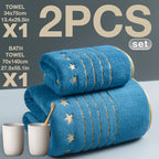 A Set of 2pcs of Gold-Trimmed Luxury Striped Star-Shaped Coral Fleece Bath Towels And Towels, Measuring 70*140Cm/27.5*55.1 Inches And 35*75Cm/13.4*29.5 Inches, Perfect for Bathrooms, Gyms, Parties, Gifts, Holidays, And Hotels