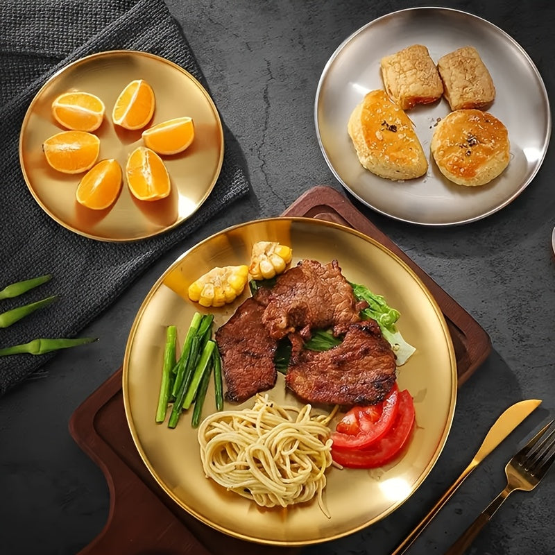 Conjunto de 6 Pratos de Jantar em Aço Inoxidável, Prato de Salada Dourado, Prato de Churrasco Coreano, Prato Principal Ocidental, Prato para Lanches e Sobremesas, Adequado para Restaurante e Uso Doméstico, Bandeja Multifuncional para Lanches e Prato para Ossos