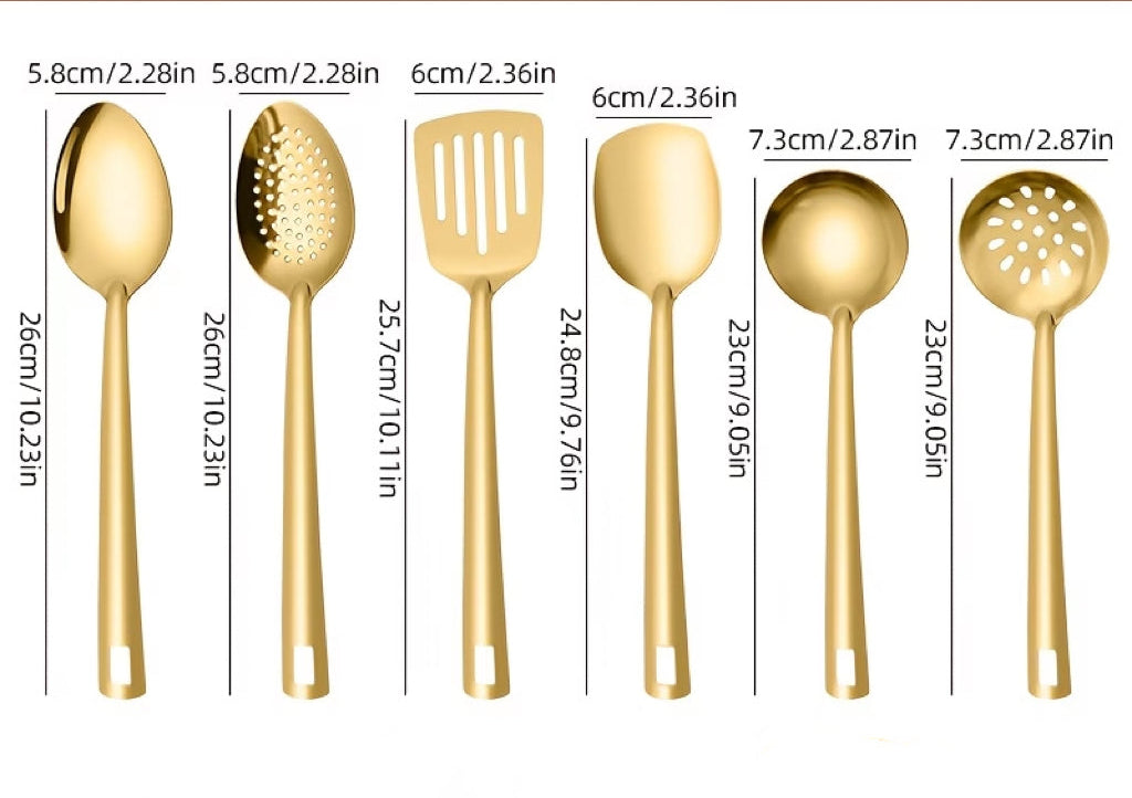 Conjunto de 6 Utensílios de Cozinha Dourados de Aço Inoxidável/Espátula Estilo Coreano, Concha de Sopa, Colher Furada/Conjunto de Utensílios de Cozinha para Casa para Sopa, Saltear e Fritar/Culinária Doméstica Essencial, Buffet, Restaurante, Banquete, Festa, Confeitaria e Servir/