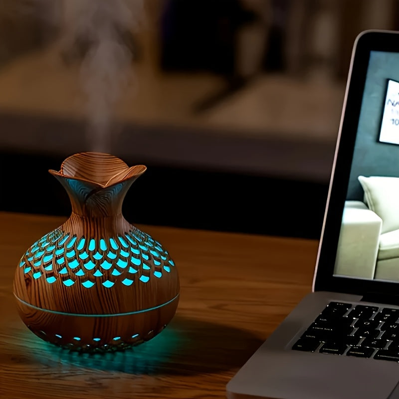 Diffusor de Aromaterapia Elegante em Madeira com Iluminação LED 7 Cores e 2 Modos de Névoa - Design Compacto USB para Casa, Escritório ou Carro - Presente Perfeito para Dia dos Namorados e Ano Novo, Umidificador Decorativo, Difusor de Fragrância, Qualidade Alta de Saída de Névoa, Acessório Moderno para Mesa