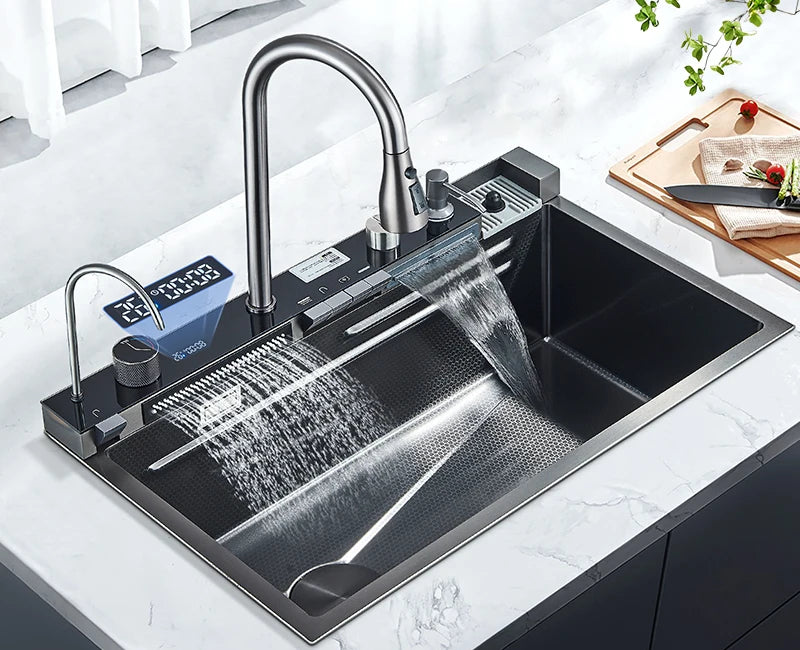 Pia de Cozinha em Aço Inoxidável com Display Digital e Torneira Cascata
