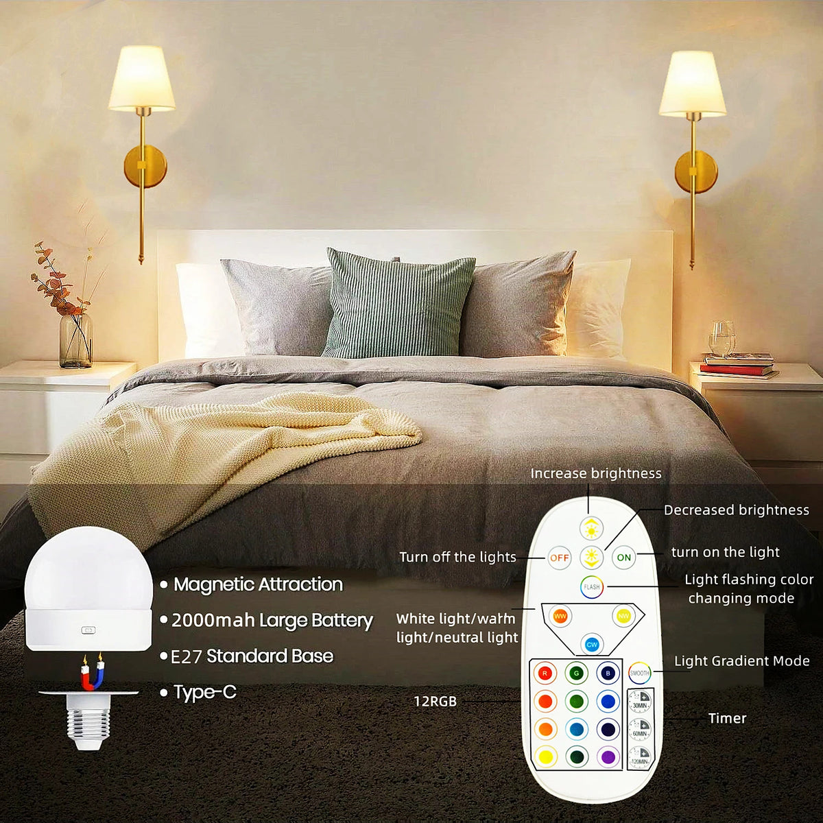 Arandelas Douradas Recarregáveis com RGB e Controle Remoto