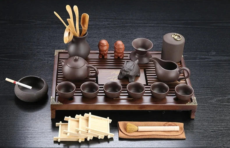 Conjunto de Chá Kung Fu Yixing com Bandeja de Madeira