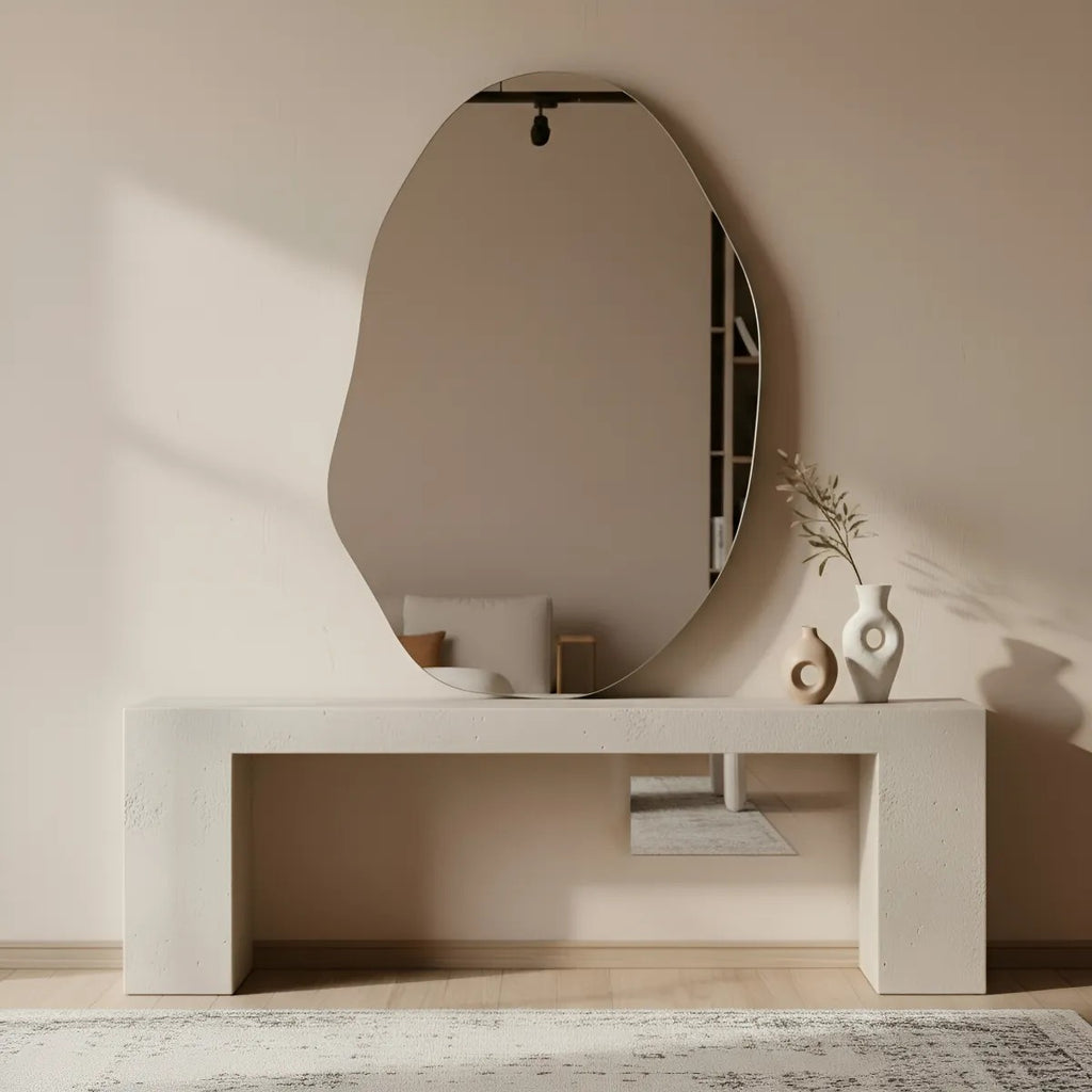 Espelho Orgânico Decorativo Moderno 70x50cm Formato Irregular Estilo Pinterest Vidro Polido de Alta Qualidade Sem Distorção para Decoração de Quarto Sala Hall e Banheiro Opções de Instalação com Suporte ou Fita Dupla Face Design Contemporâneo Luxo Resistente e Versátil Lopazzi Home Decor