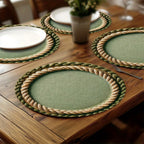 Conjunto de 4 Capachos Redondos - Borda em Cordão Verde Bege, Tapetes Centrais para Mesa na Cor Bege, 38,1x38,1 cm Resistente e Lavagem Manual Apenas no Tecido Decorativo Rústico Fazenda, Jantar Campestre, Festas Temáticas & Uso Diário - Utensílios Elegantes