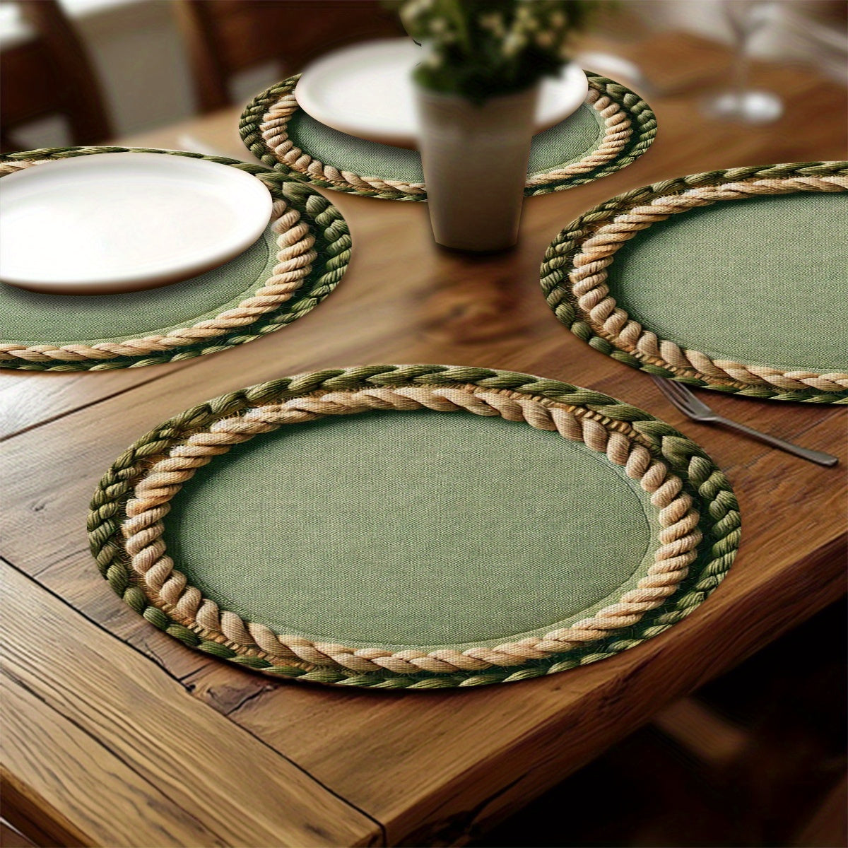 Conjunto de 4 Capachos Redondos - Borda em Cordão Verde Bege, Tapetes Centrais para Mesa na Cor Bege, 38,1x38,1 cm Resistente e Lavagem Manual Apenas no Tecido Decorativo Rústico Fazenda, Jantar Campestre, Festas Temáticas & Uso Diário - Utensílios Elegantes