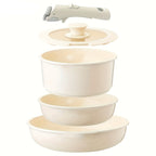 Conjunto de 5 peças de panelas antiaderentes IKTU em alumínio, com pegas removíveis para fácil limpeza e armazenamento, ideal para indução, gás e todos os tipos de fogões, perfeito como conjunto de panelas antiaderentes para autocaravanas, um excelente presente de Natal.