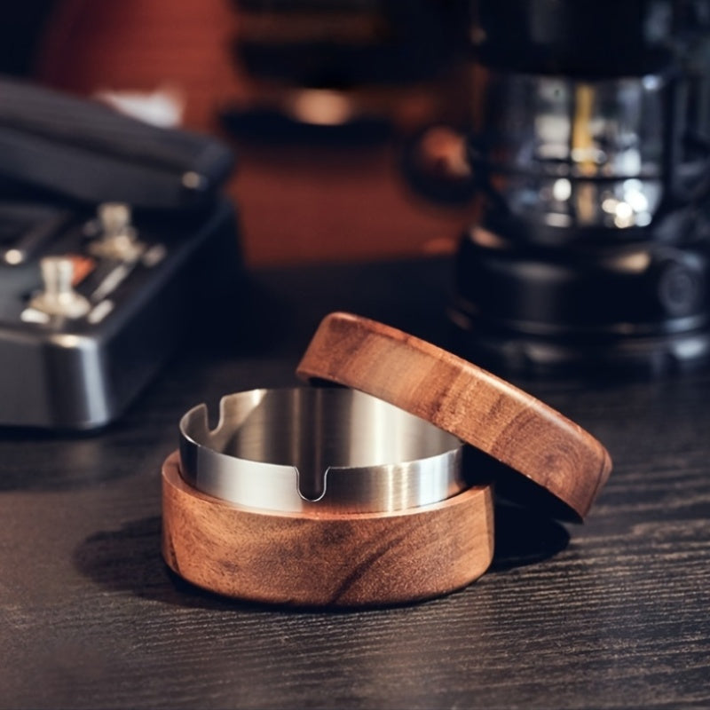 Cinzeiro redondo de madeira sólida com tampa - Material de madeira escura premium, cor de acácia retro, desmontável e fácil de limpar, presente perfeito para pai, clientes de negócios, namorado ou amante, ideal para uso interior em escritórios, cafés, bares, casas noturnas, casas e quintais.