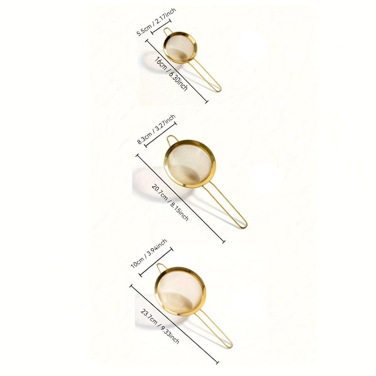 Conjunto de 3 Filtros de Malha Fina Dourada, Peneira de Farinha, Coador de Cozinha, Utensílios de Pastelaria, Acessórios de Cozinha, Utensílios de Cozinha, Ferramentas de Restaurante