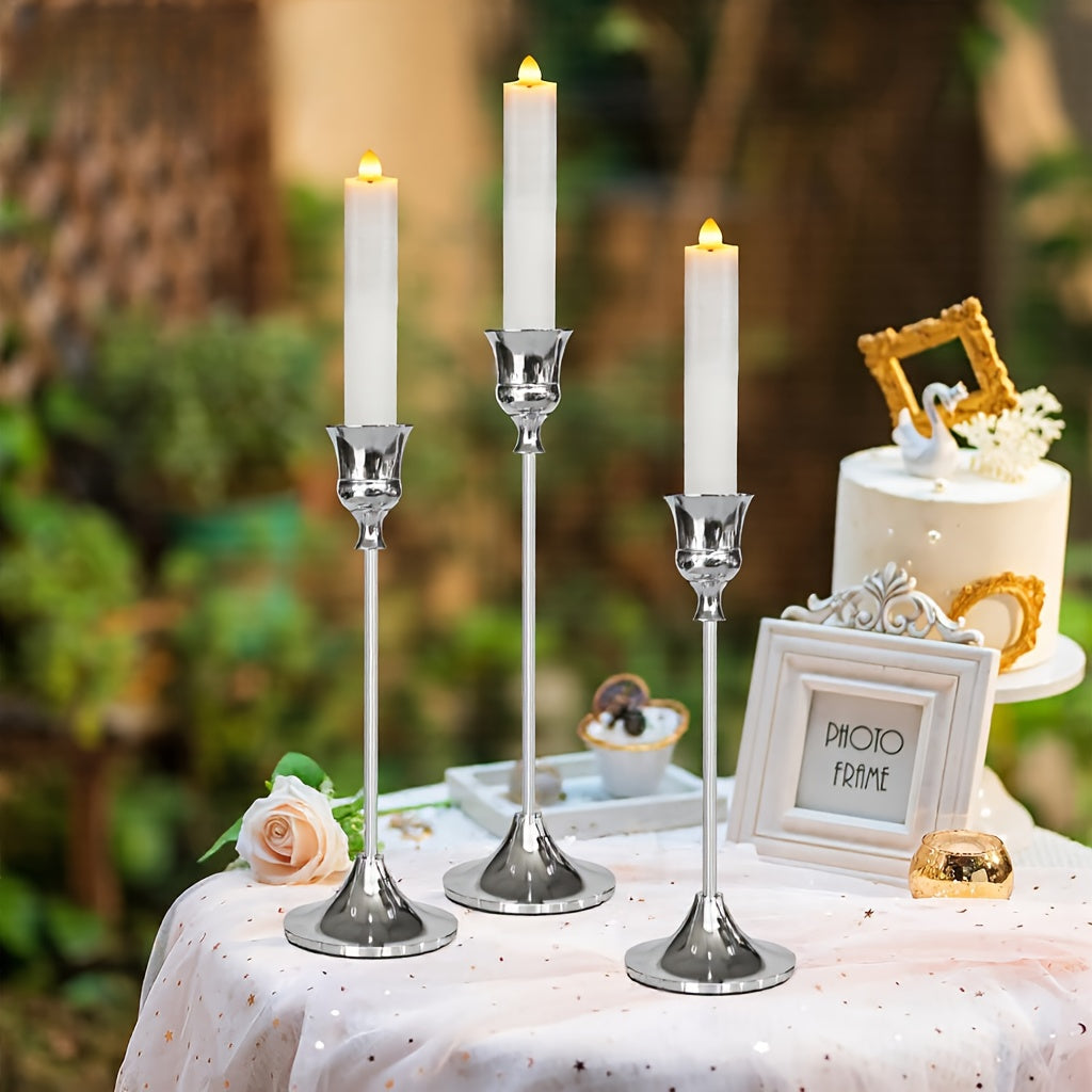 3pcs Elegant Golden Brass Candlestick Holders - Design de Metal Polido e Branco com Velas, Ideal para Casamento, Jantar e Decoração de Casa (Velas Não Incluídas), Decoração de Festa | Moderno Candelabro | Metal Durável, Decoração de Suporte de Velas