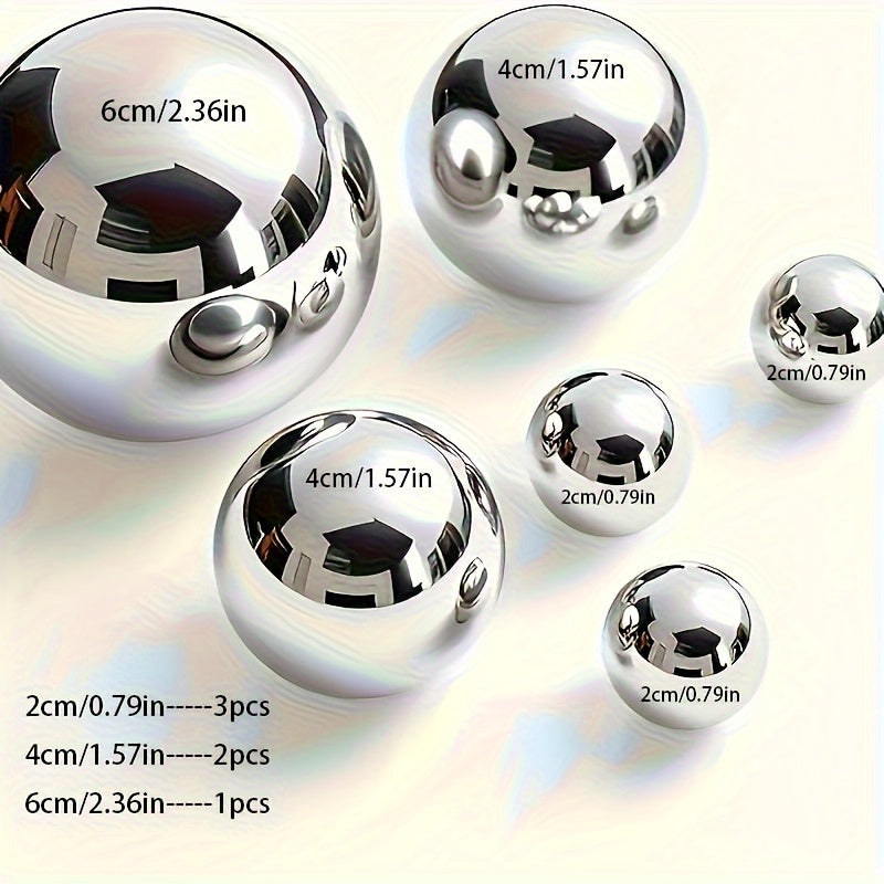 Conjunto de 6 Esferas Decorativas Ocas Redondas em Aço Inoxidável - Tamanhos variando de 0,79 a 5,99 cm, Ornamentos de Metal com Extremidade Espelhada para Escadas e Janelas, Esculturas de Jardim e Esferas Refletoras, Contas Flutuantes em Aço Inoxidável, Fontes de Luz Prateadas