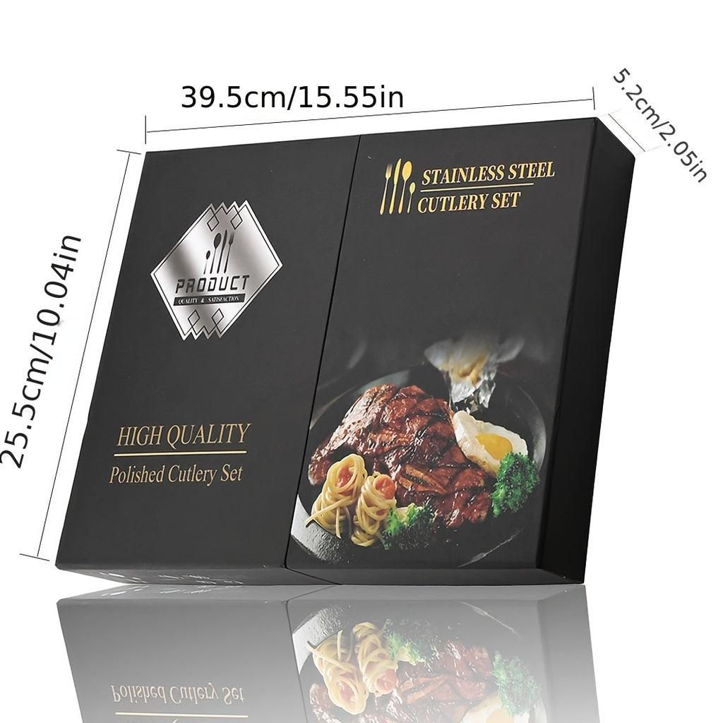 Conjunto de Talheres Dourados com Cabo Preto de 24 peças | Faca, Garfo, Colher em Aço Inoxidável, Aço Inoxidável 410, Presente de Louça de Jantar para Cozinha de Festival com Caixa