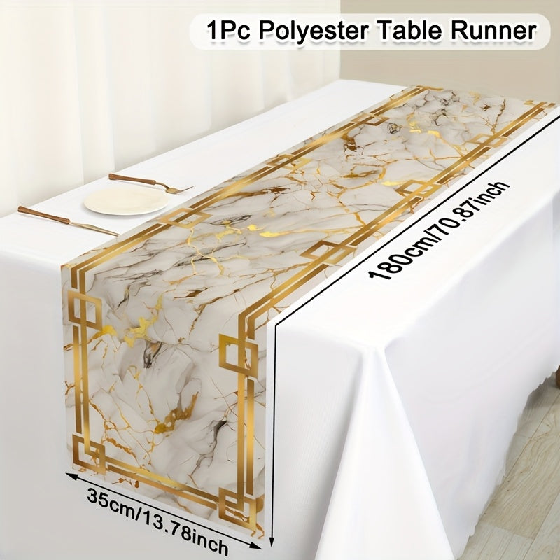 Caminho de Mesa Elegante em Mármore com 35.0 X 180.01 cm - Apresenta um Borda Dourada com Textura em Branco, Preto e Azul. Feito de Poliéster, é Ideal para Decorar Mesas de Jantar e Cozinha Durante Festas e Celebrações