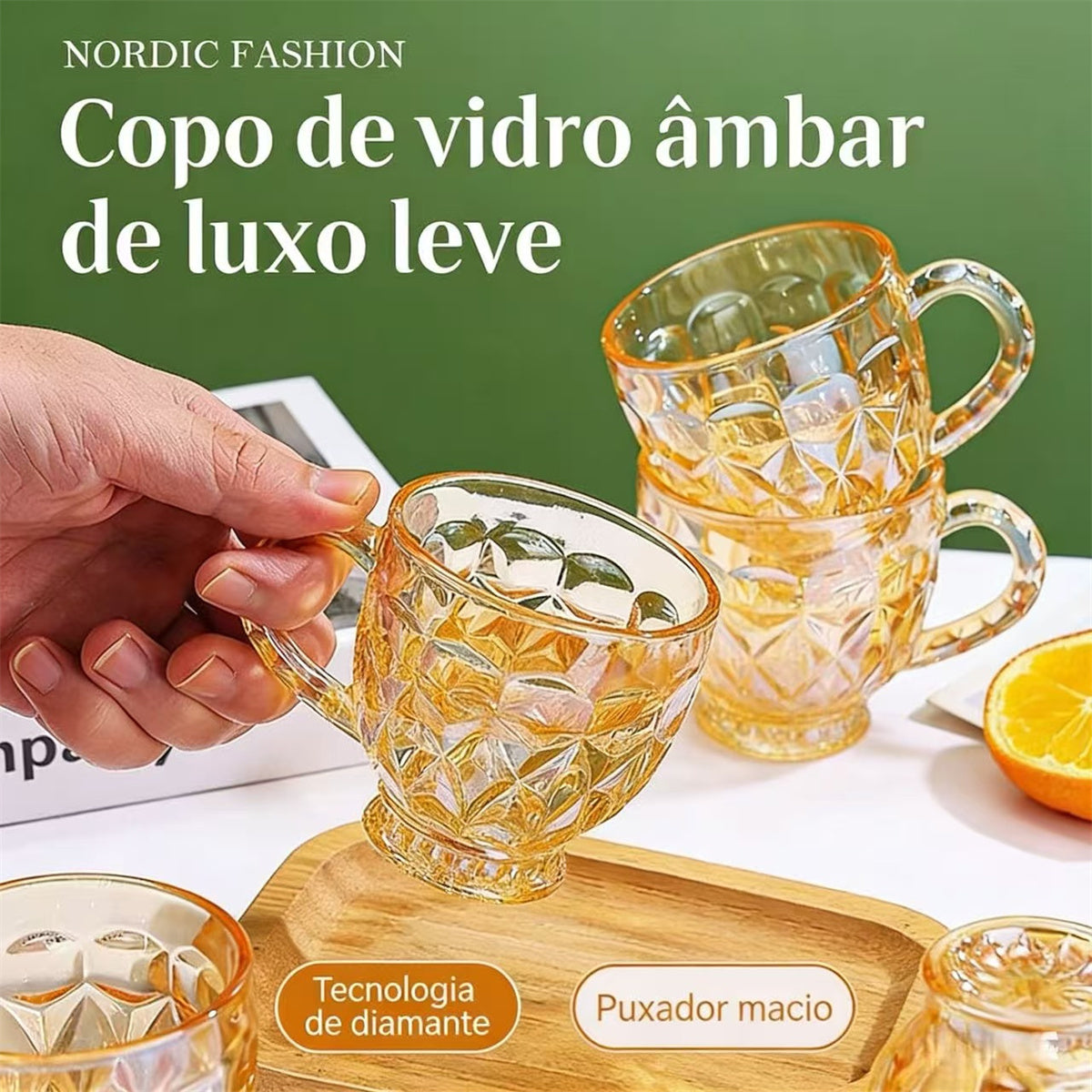 Jogo 6 Xícaras Chá e Café 260ml Itália Âmbar Cristal Dourado Luxuoso