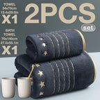 A Set of 2pcs of Gold-Trimmed Luxury Striped Star-Shaped Coral Fleece Bath Towels And Towels, Measuring 70*140Cm/27.5*55.1 Inches And 35*75Cm/13.4*29.5 Inches, Perfect for Bathrooms, Gyms, Parties, Gifts, Holidays, And Hotels