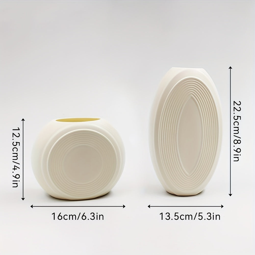 Conjunto de 2 Vasos de Cerâmica em Branco Leite Mate com Design Circular Ondulado, Leves e Inquebráveis, Adequados para Arranjos de Ramos Secos, Perfeitos para Entradas e Salas de Estar.