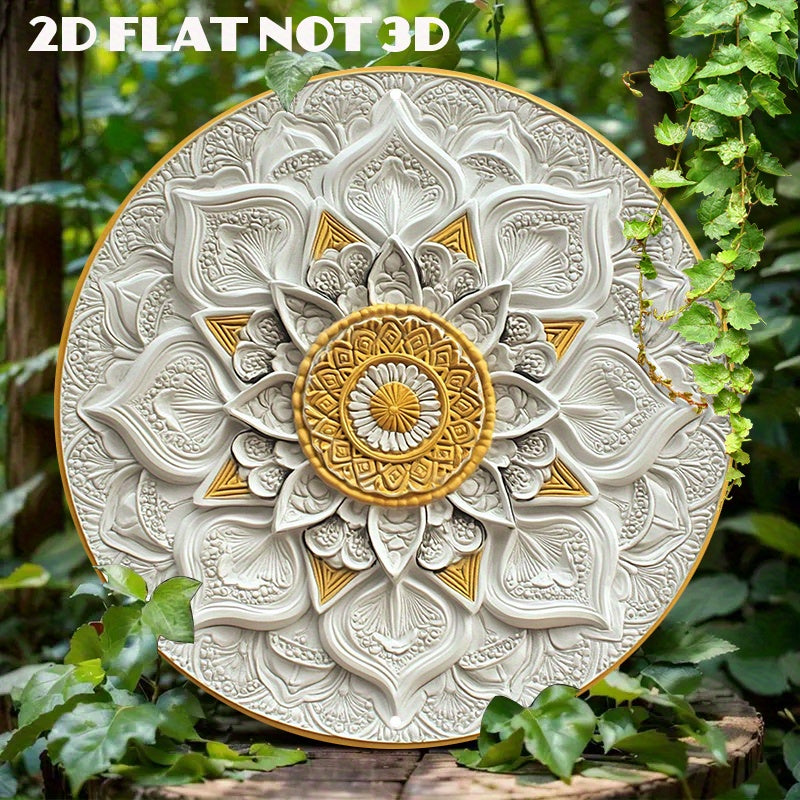 1 peça de arte de parede mandala de alumínio redondo de 8x8 polegadas - Design intrincado em ouro e branco, sinal de metal leve para casa ou escritório, acréscimo artístico para sala | Design mandala intrincado | Arte de parede de metal, arte de parede de metal
