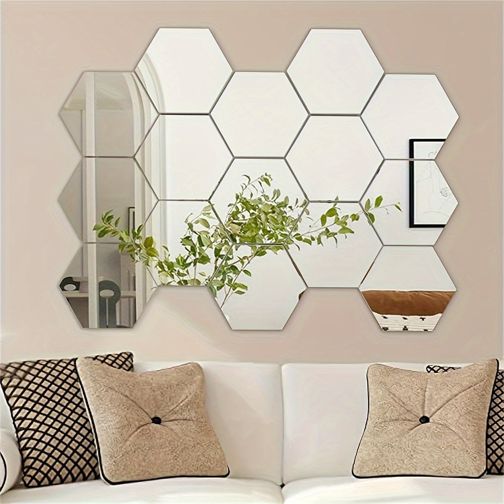 13 unidades Espelho Hexagonal Prateado | Autocolantes de Parede Autoadesivos em Acrílico de 100mm para Decoração de Casa de Banho, Sala de Estar, Quarto