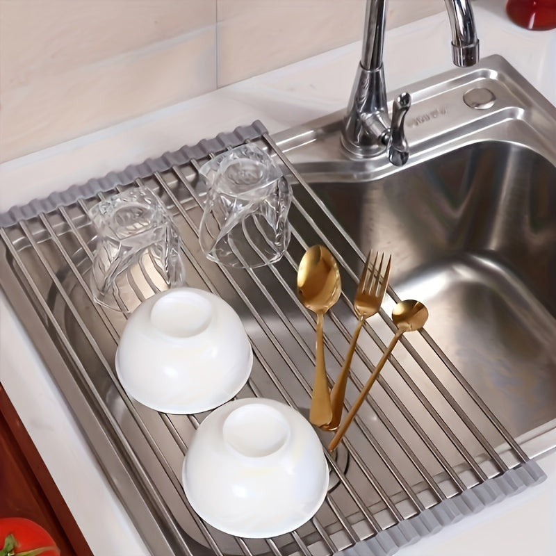 1pc, Deluxe Stainless Steel Roll-Up Dish Drying Rack - Space-Saving Over The Sink Design, Multifunctional Dish Drain Rack, Portable Rolling Rack, Sink Mat, Easy Storage, Rust-Resistant, Durable, And Compact Kitchen Tool, Drain Rack