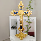 A Vintage Metal Statue of Christ Featuring an Intricate Cross Design - Perfect for Living Room Religious Decor, a Prayer Talisman, Adorned with Beautiful Golden And Red Accents, Suitable for Church Use