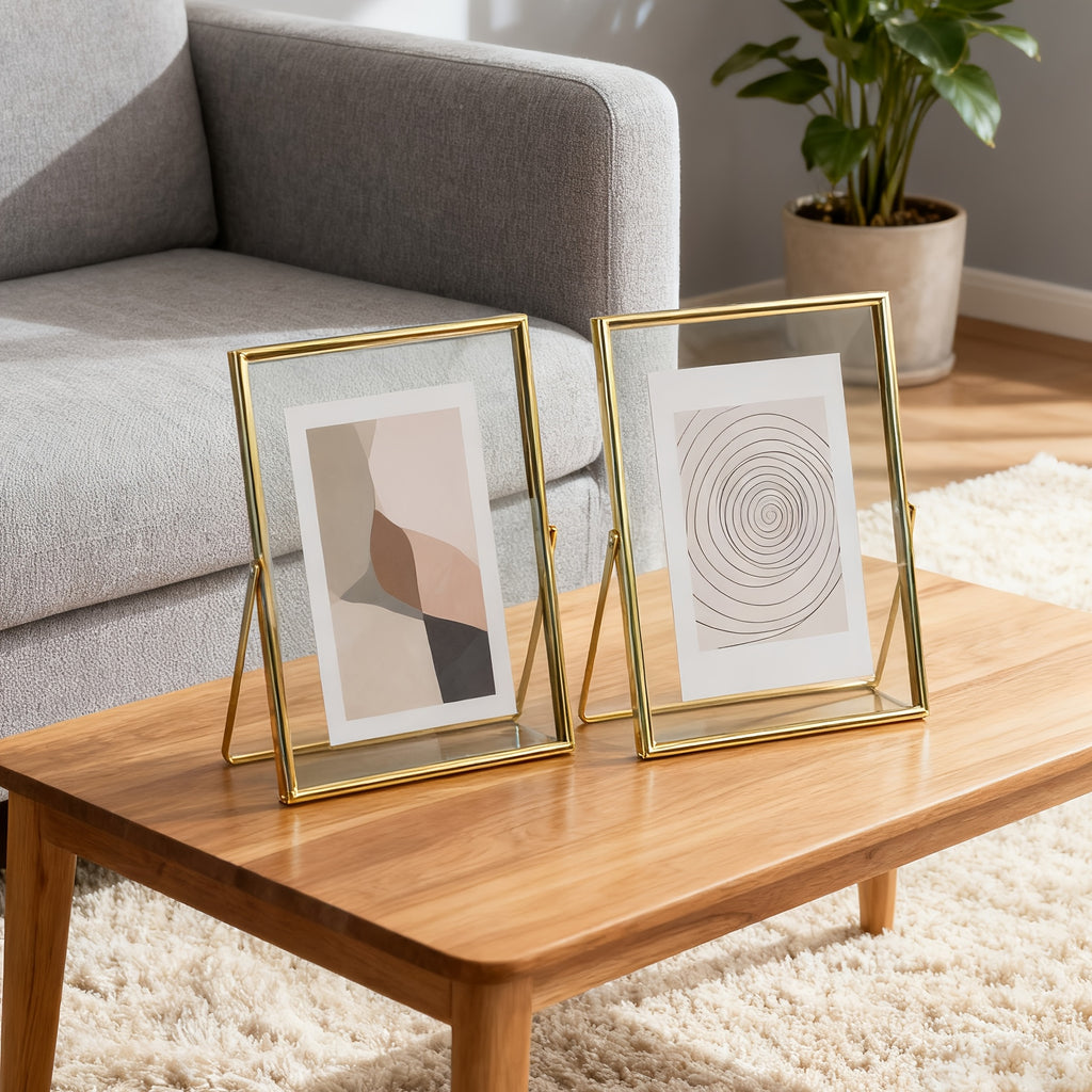 Porta-retratos de Vidro Flutuante Dourado Estilo Instagram em Tamanho de 6, 7 e 25.4 cm com Estrutura de Ferro e Metal Giratória, Ideais para Fotos Retrato ou Como Presentes Festivos