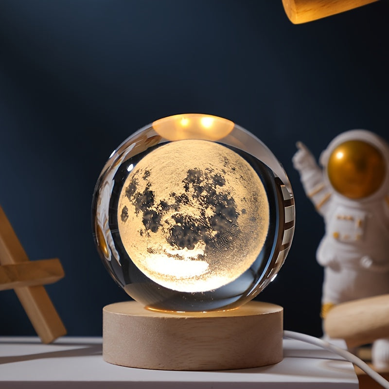 Cabo 3D Lua/Céu Cristal, Base de Madeira Cristal, Candeeiro de Noite Cristal Criativo, Decoração de Mesa, Presente de Natal