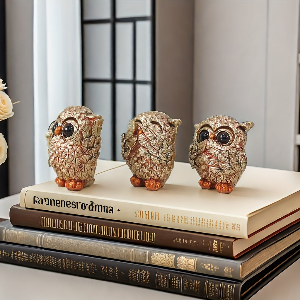 3pcs Creative Owl Statue Set Representing The 'See No Evil, Hear No Evil, Speak No Evil' Concept, Featuring Quirky Big-Eyed Owl Figurines, Suitable for Display in a Wine Cabinet, Living Room, Office Desk, Or Home Decor