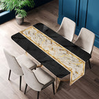 Caminho de Mesa Elegante em Mármore com 35.0 X 180.01 cm - Apresenta um Borda Dourada com Textura em Branco, Preto e Azul. Feito de Poliéster, é Ideal para Decorar Mesas de Jantar e Cozinha Durante Festas e Celebrações