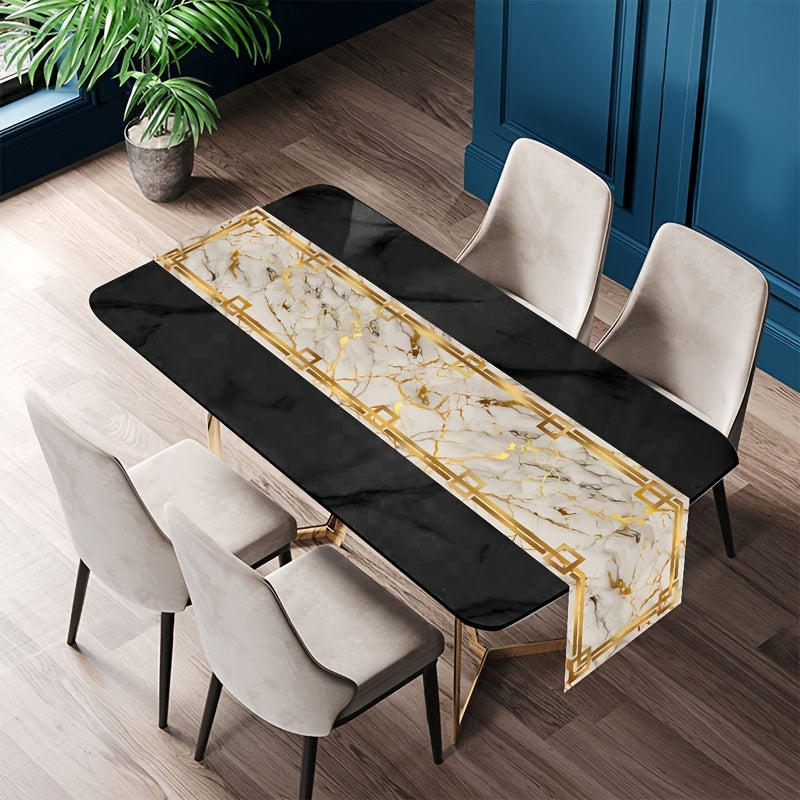 Caminho de Mesa Elegante em Mármore com 35.0 X 180.01 cm - Apresenta um Borda Dourada com Textura em Branco, Preto e Azul. Feito de Poliéster, é Ideal para Decorar Mesas de Jantar e Cozinha Durante Festas e Celebrações