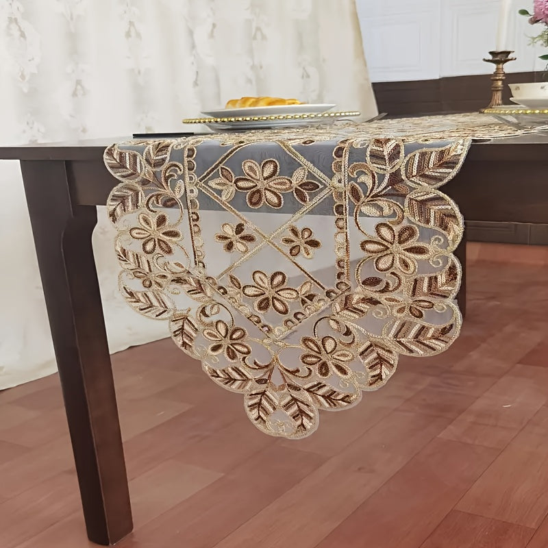 1 Toalha de Mesa Elegante com Bordado Floral - Design Tradicional em Organza com Fio Dourado em Tecido Bege, Retangular em Vários Tamanhos para Festas, Celebrações ou Decoração de Jantar do Dia a Dia