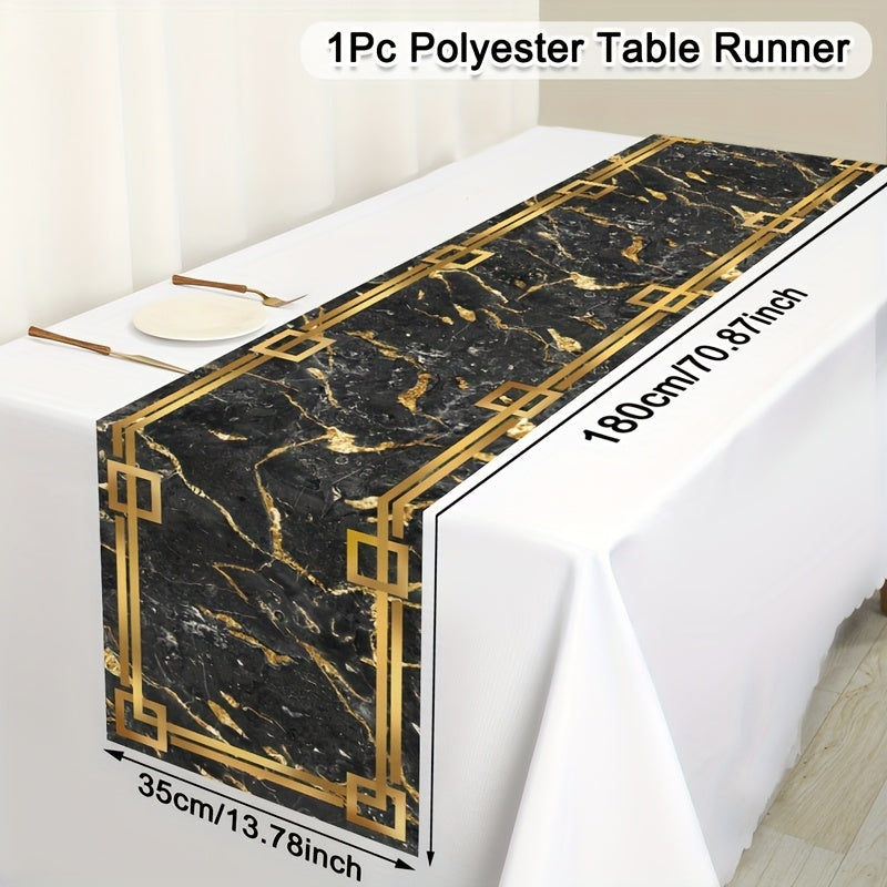 Caminho de Mesa Elegante em Mármore com 35.0 X 180.01 cm - Apresenta um Borda Dourada com Textura em Branco, Preto e Azul. Feito de Poliéster, é Ideal para Decorar Mesas de Jantar e Cozinha Durante Festas e Celebrações