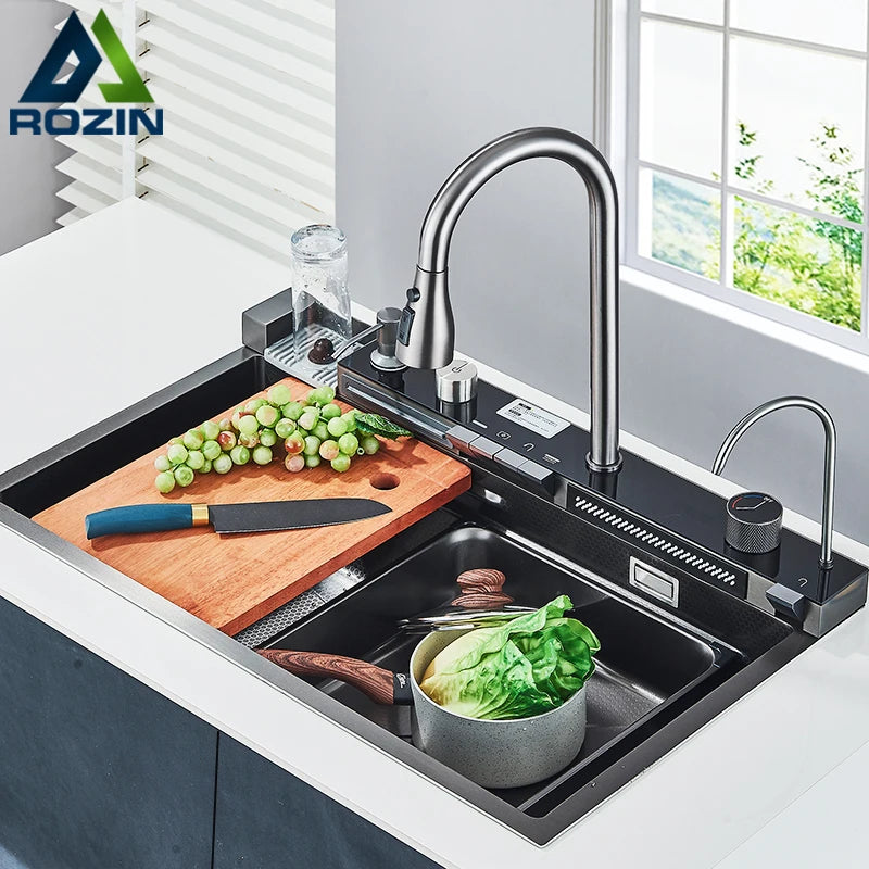 Pia de Cozinha em Aço Inoxidável com Display Digital e Torneira Cascata