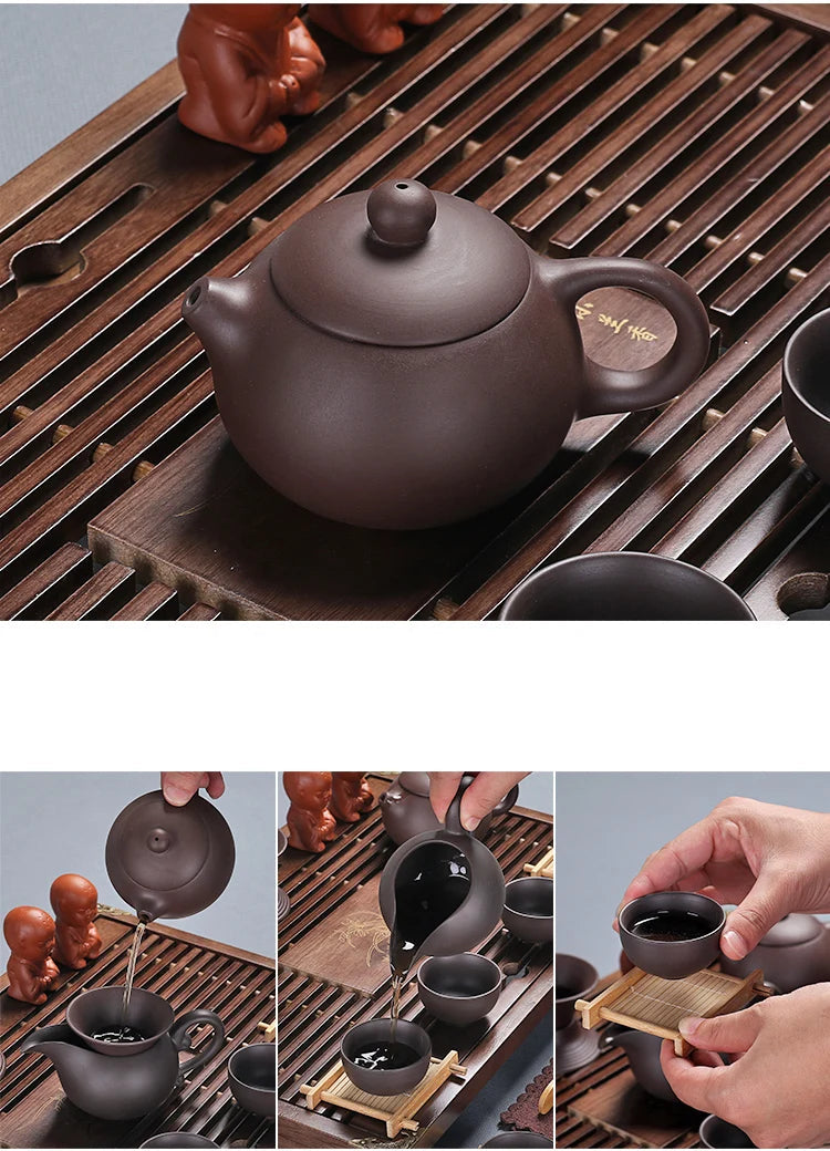 Conjunto de Chá Kung Fu Yixing com Bandeja de Madeira