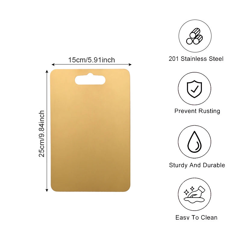 Uma única tábua de corte premium em aço inoxidável, um essencial na cozinha. Esta tábua de metal resistente para picar legumes e frutas é fácil de limpar e construída para durar. Perfeita para campismo e caminhadas, é a opção preferida para os amantes da cozinha.