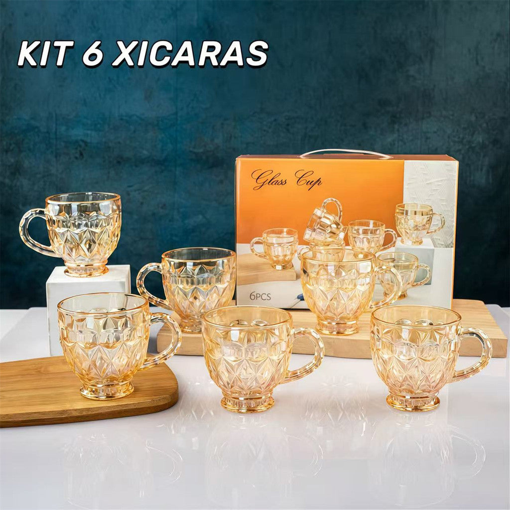 Jogo 6 Xícaras Chá e Café 260ml Itália Âmbar Cristal Dourado Luxuoso
