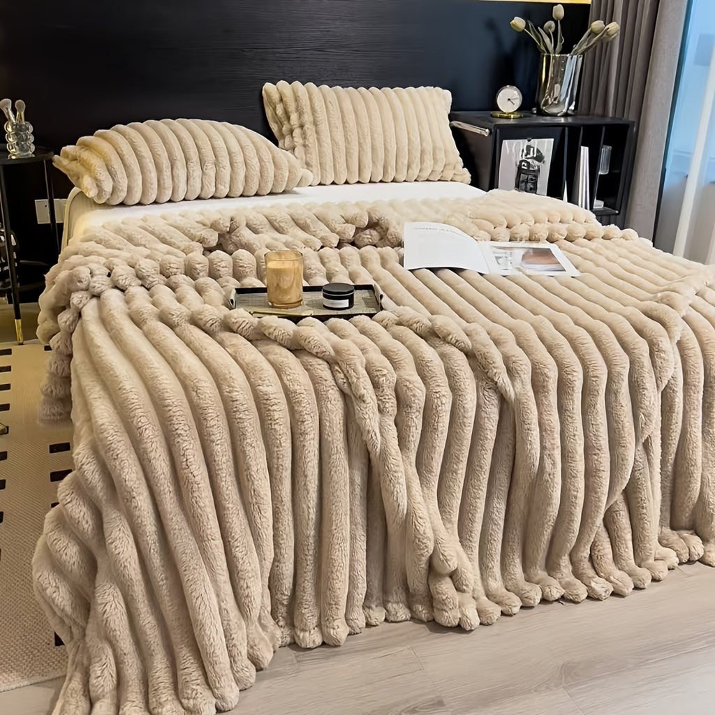 Manta Gdan Rinoceronte Luxuosa de Pele Falsa de Coelho - Adequada para Sofá, Cama, Escritório e Viagem - Manta Macia, Quente e Aconchegante Listrada, Colcha Contemporânea, Lavável à Mão, Presente Ideal de Natal e Uso em Todas as Estações (Multicolor)