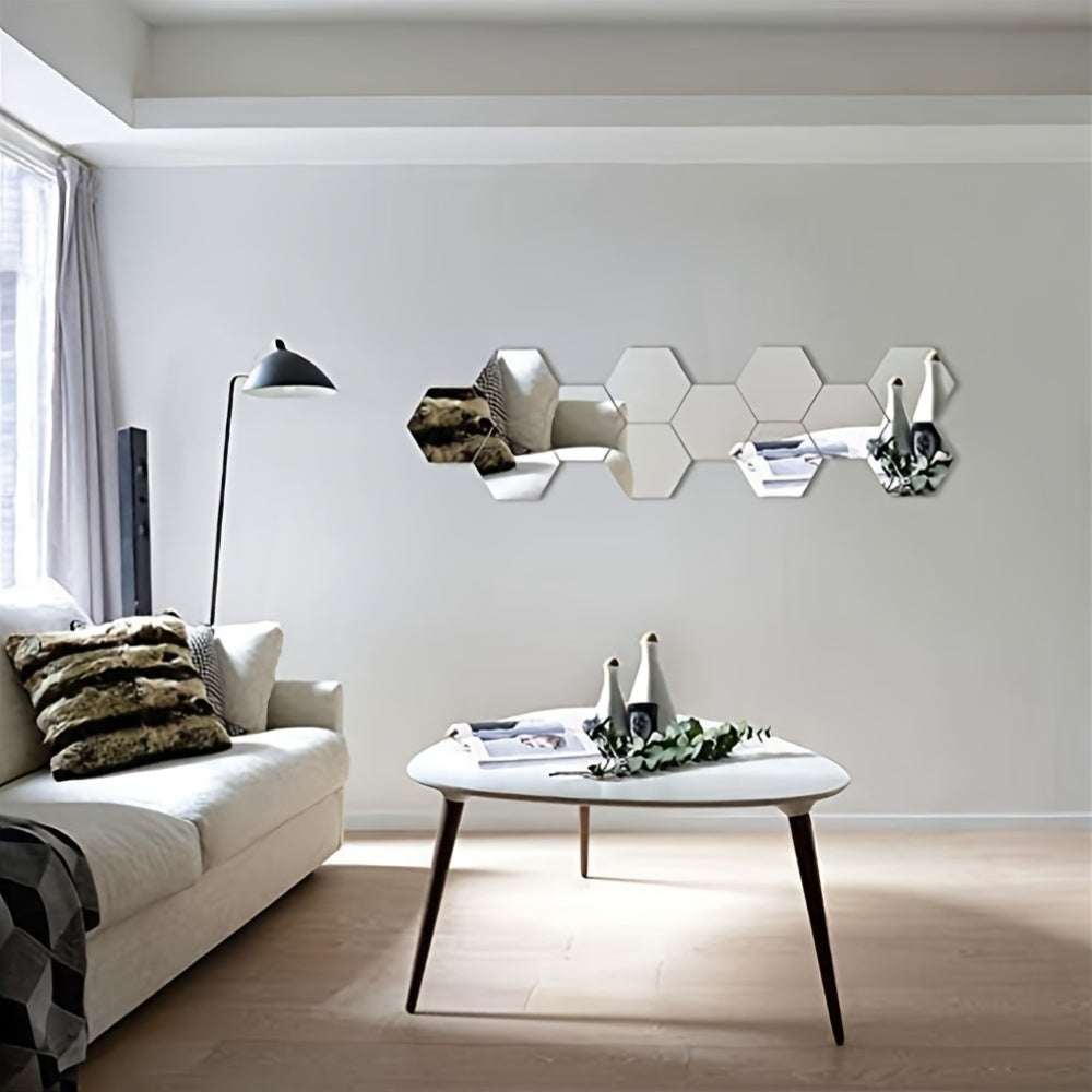 13 unidades Espelho Hexagonal Prateado | Autocolantes de Parede Autoadesivos em Acrílico de 100mm para Decoração de Casa de Banho, Sala de Estar, Quarto
