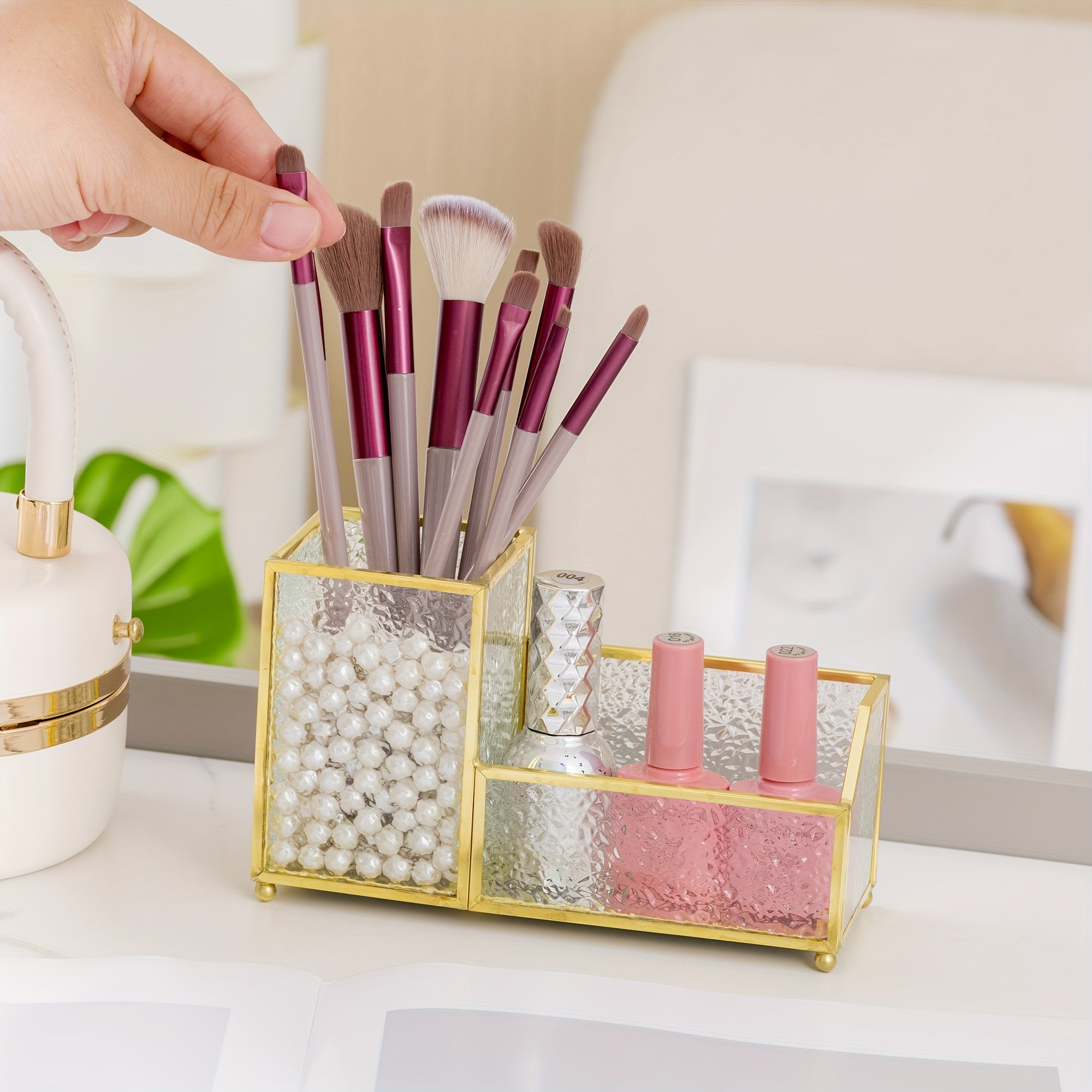 Porta-Cartões de Visita em Vidro com Porta-Canetas Dourado