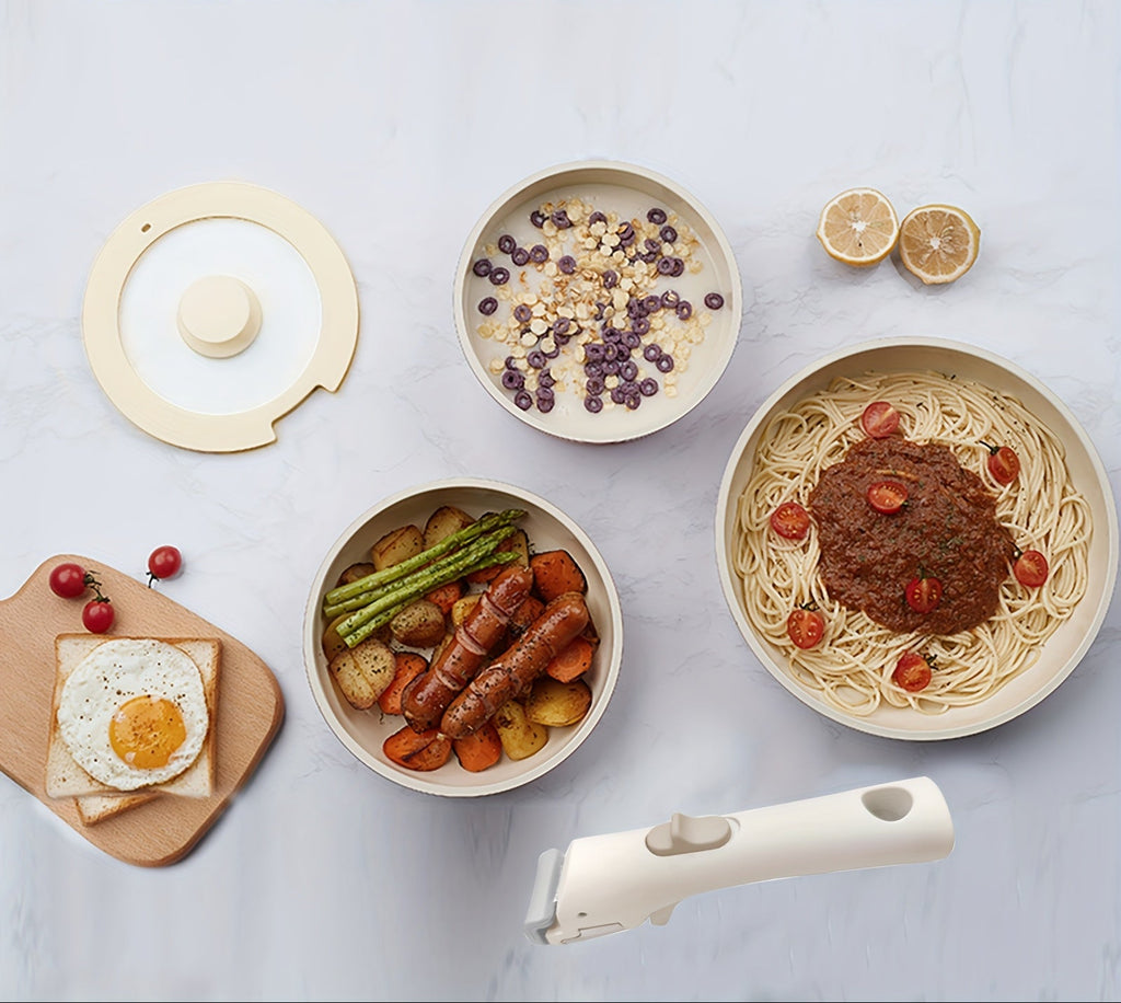 Conjunto de 5 peças de panelas antiaderentes IKTU em alumínio, com pegas removíveis para fácil limpeza e armazenamento, ideal para indução, gás e todos os tipos de fogões, perfeito como conjunto de panelas antiaderentes para autocaravanas, um excelente presente de Natal.