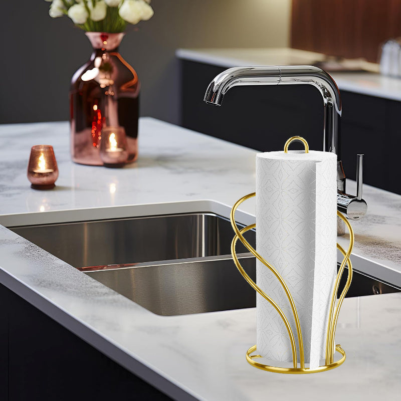 Elegant Golden Tissue Holder with Weighted Base - Freestanding Countertop Paper Towel Rack for Kitchen & Bathroom, Decorative Multi-Loop Design, Towel Holder for Bathroom