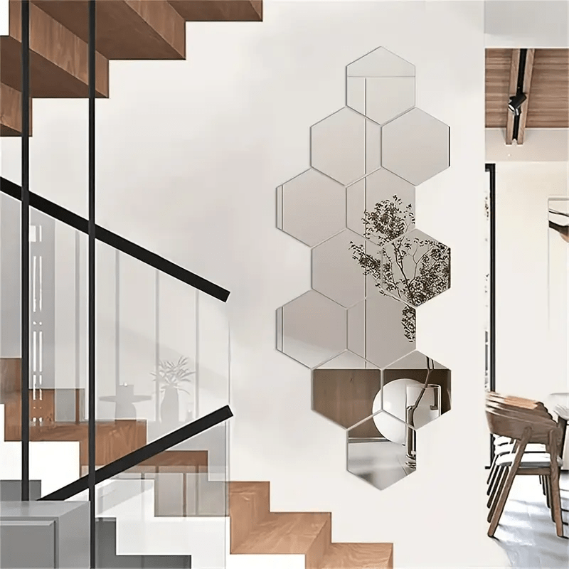 13 unidades Espelho Hexagonal Prateado | Autocolantes de Parede Autoadesivos em Acrílico de 100mm para Decoração de Casa de Banho, Sala de Estar, Quarto