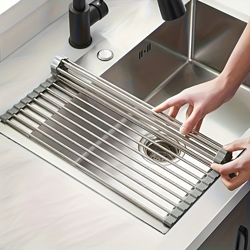 1pc, Deluxe Stainless Steel Roll-Up Dish Drying Rack - Space-Saving Over The Sink Design, Multifunctional Dish Drain Rack, Portable Rolling Rack, Sink Mat, Easy Storage, Rust-Resistant, Durable, And Compact Kitchen Tool, Drain Rack